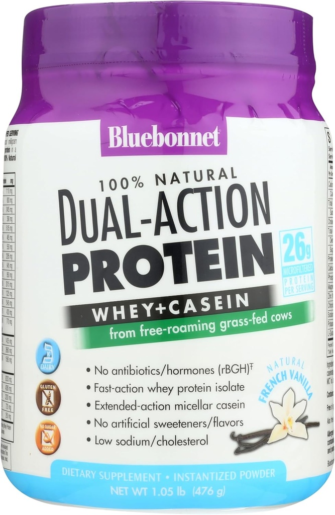 Bluebonnet Nutrition Dual-Action Protein Powder, Whey from Grass Fed Cows, No Sugar Add, Non GMOS, Gluten & Soy Free, Kosher Dairy, francoski Vanilla Flavor, off-white, 16.8 Oz