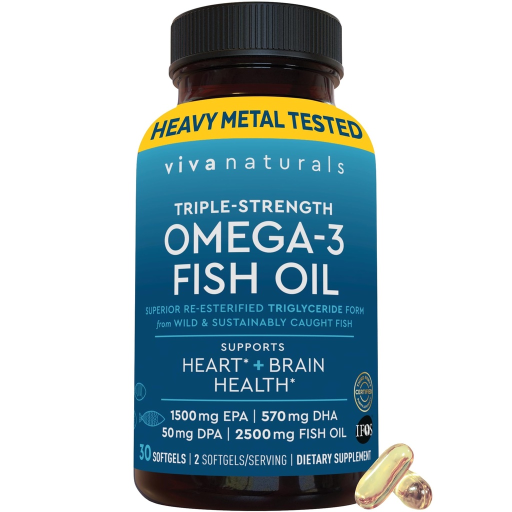 Viva Naturals Omega-3 ribje olje, Trojna moč, 2500 mg, 30 Softgels – Re-Esterificirana Omega 3 Maščobne kisline Vključno z EPA, DHA, DPA - Pascatarian-Prijatelj