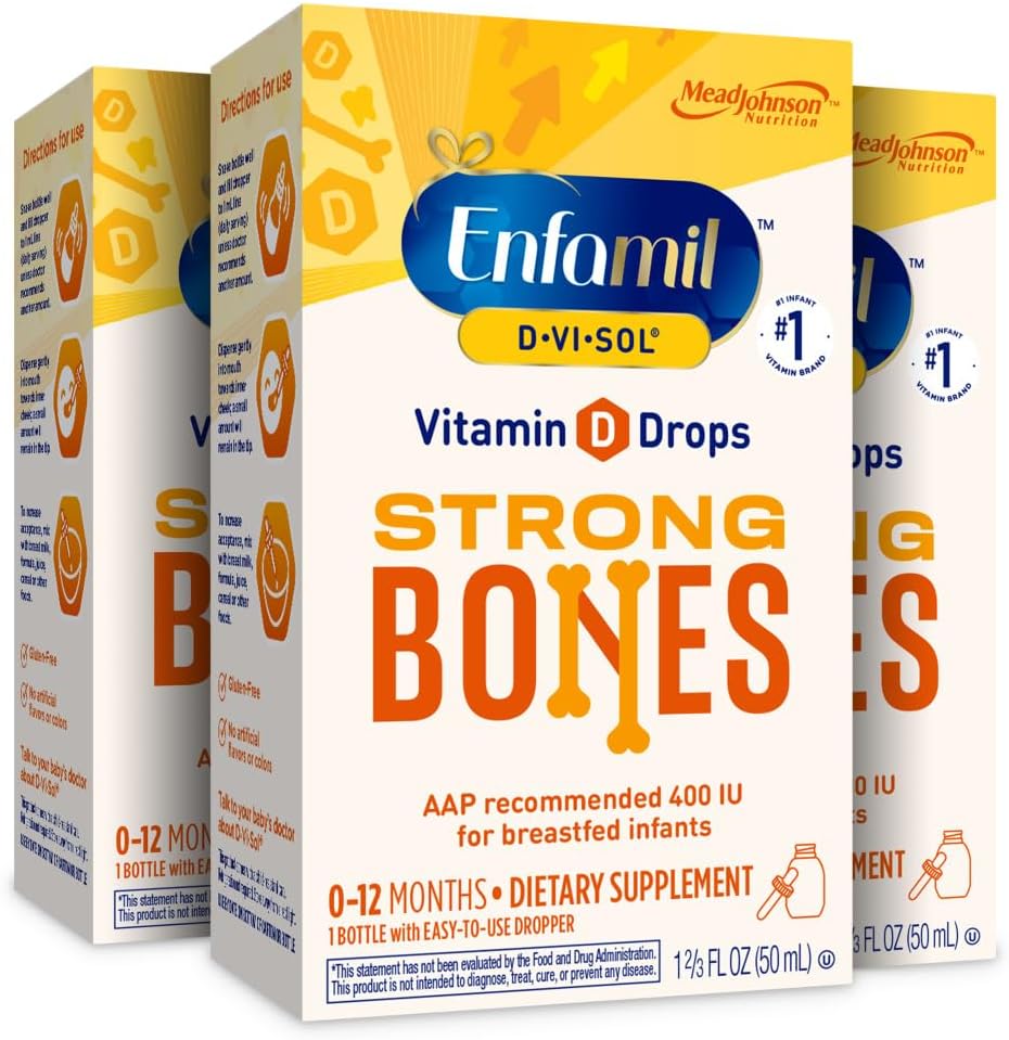 Enfamil D-Vi-Sol Vitamin D Tekoči dodatki kapljice za dojenčke, podpora močni zob in kosti pri novorojenčkih, enostavno za uporabo, Gluten prost, 50 ml Kapalko, pakiranje po 3