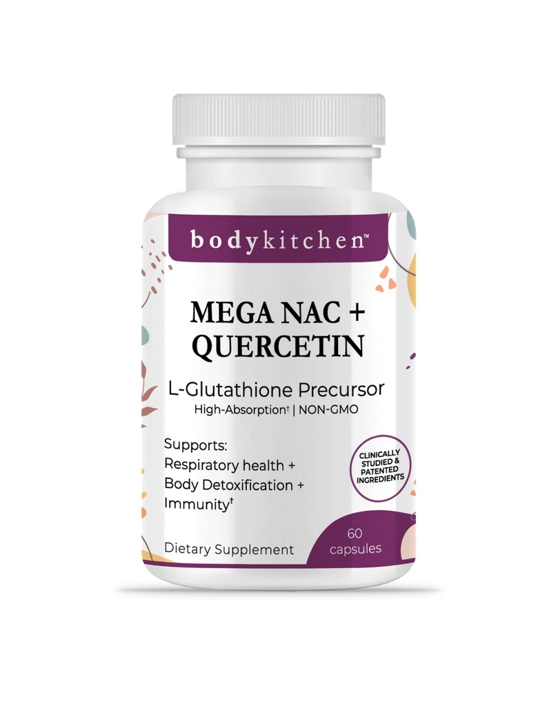 Kuhinja telesa Mega NAC (N-Acetil Cysteine) 600 mg z zdravilom Quercetin, podpira zdravje dihal in imunske funkcije ter spodbuja razstrupljanje jeter in ledvic, Veggie Caps (Pack po 1)