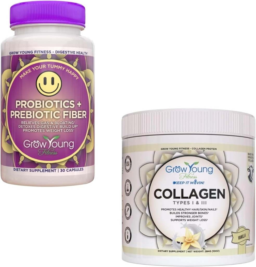 Rast mladi fitnes probiotik in vanilija kolagen - podpira prebavno zdravje in spodbuja kožo in kosti - (1) 30-Pack probiotiki + 12,4oz Vanilla kolagen v prahu