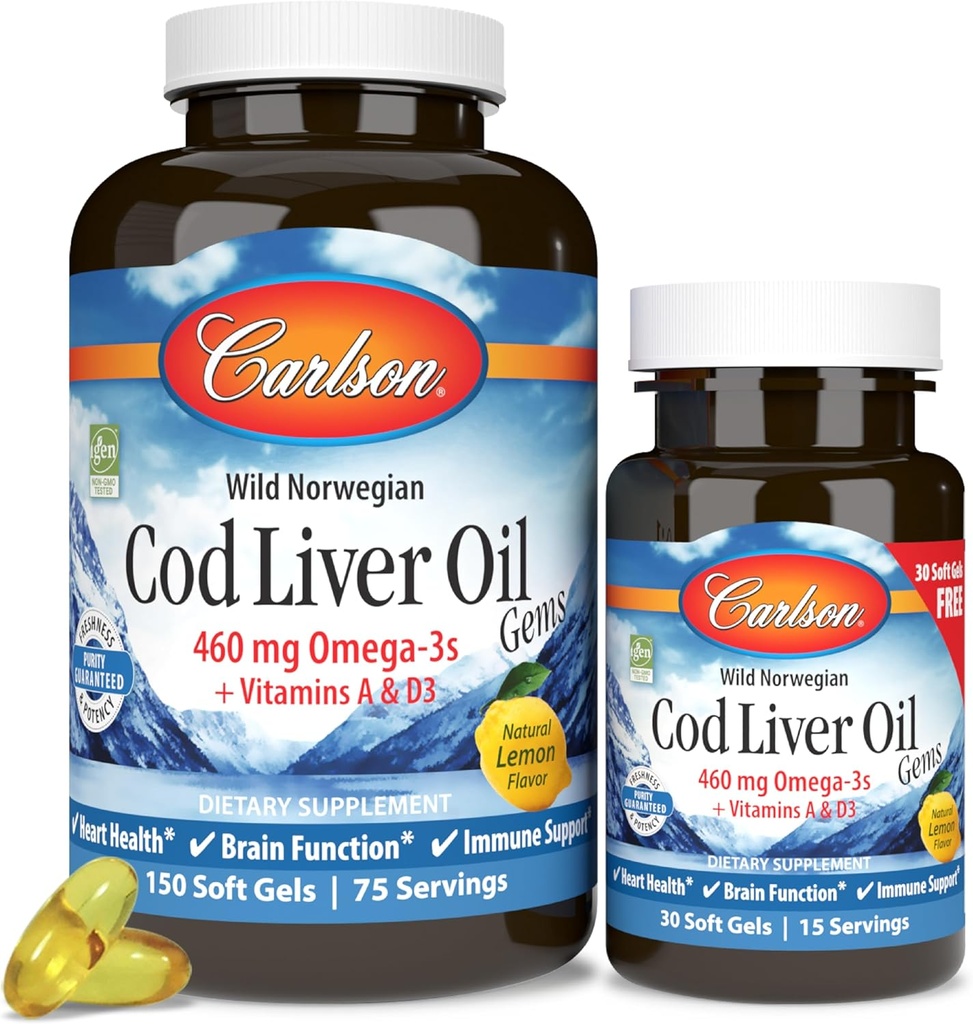 Carlson - Cod Jetrno olje Gems, 460 mg Omega-3s + vitamini A & D3, Divje ujet norveški arktični Cod Jetrno olje, Trajno pridobljene Nordic Fish Oil kapsule, Lemon, 180 Mehkužci