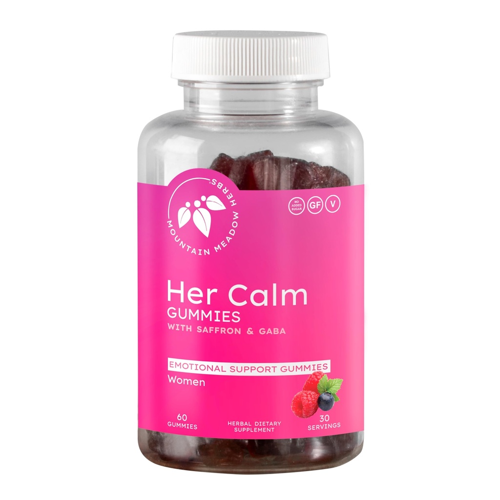Mountain Meadow Herbs Njena mirna Gummies – naravna podpora razpoloženju z žafranom, Pasijon cvet, St. John’s Wort, GABA – Stress Relief dodatek za ženske – 60 ct