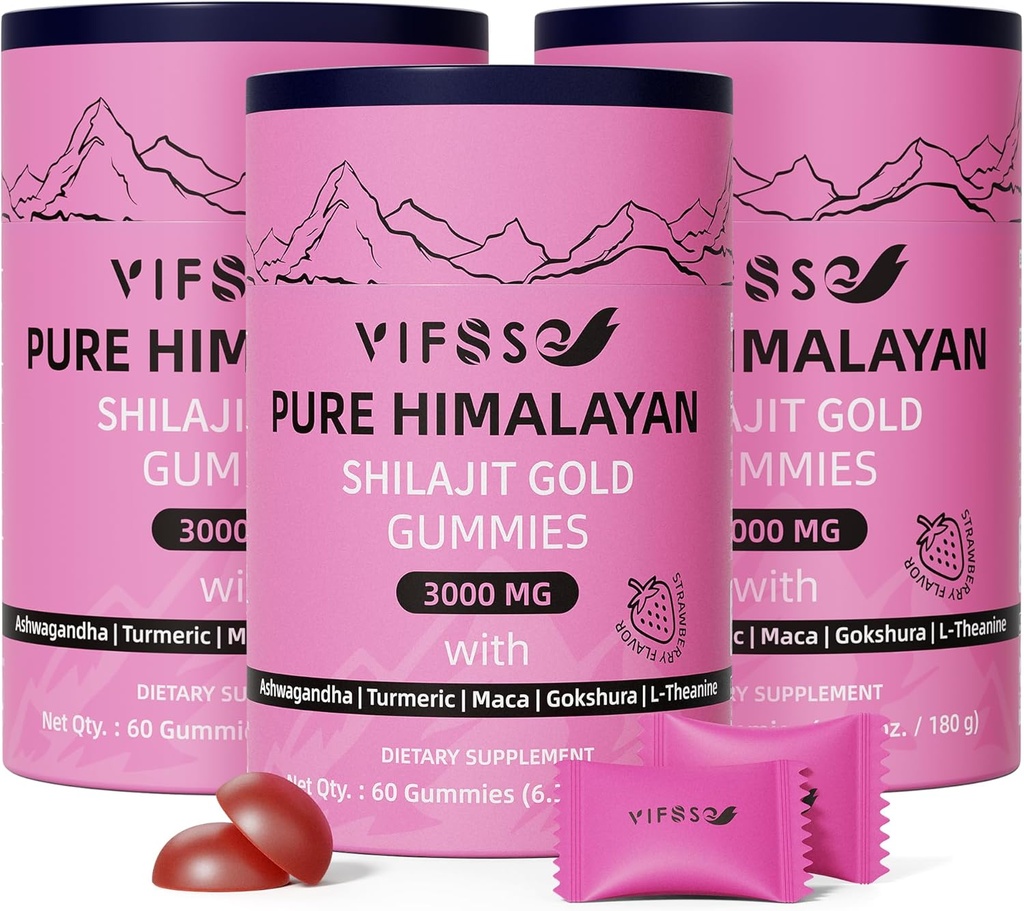Shilajit Gummies, 3000 Mg Shilajit Pure Himalaan Organic z Ashwagandha, Kurkurji brez sladkorja Gummies za moške in ženske, Shilajit dodatek, Non-GMO Nature Shilajit za energijo, 180 Gummies