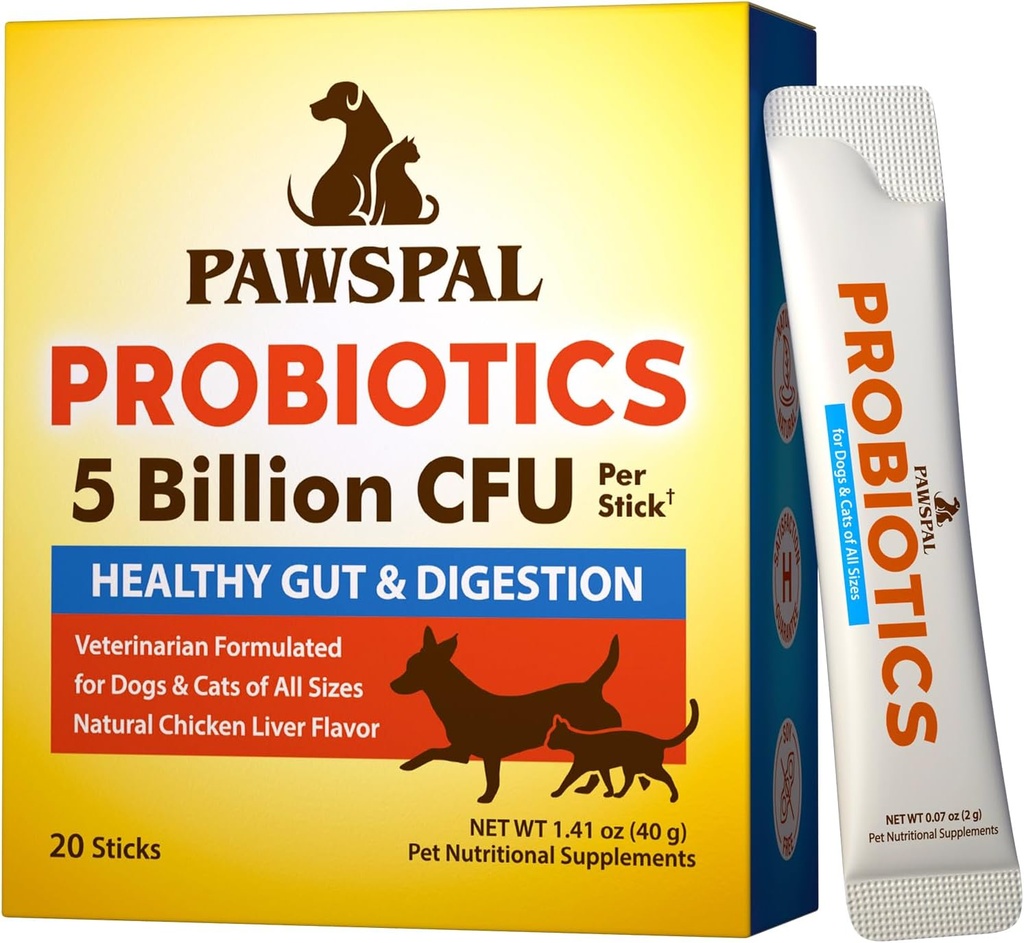 Probiotiki za pse in mačke, 5 milijard CFU, veterinarsko oblikovano, prebavno in imuno zdravje, Gut Flora Balance, vse naravne probiotične praške, piščančja jetra aroma, 20 palic