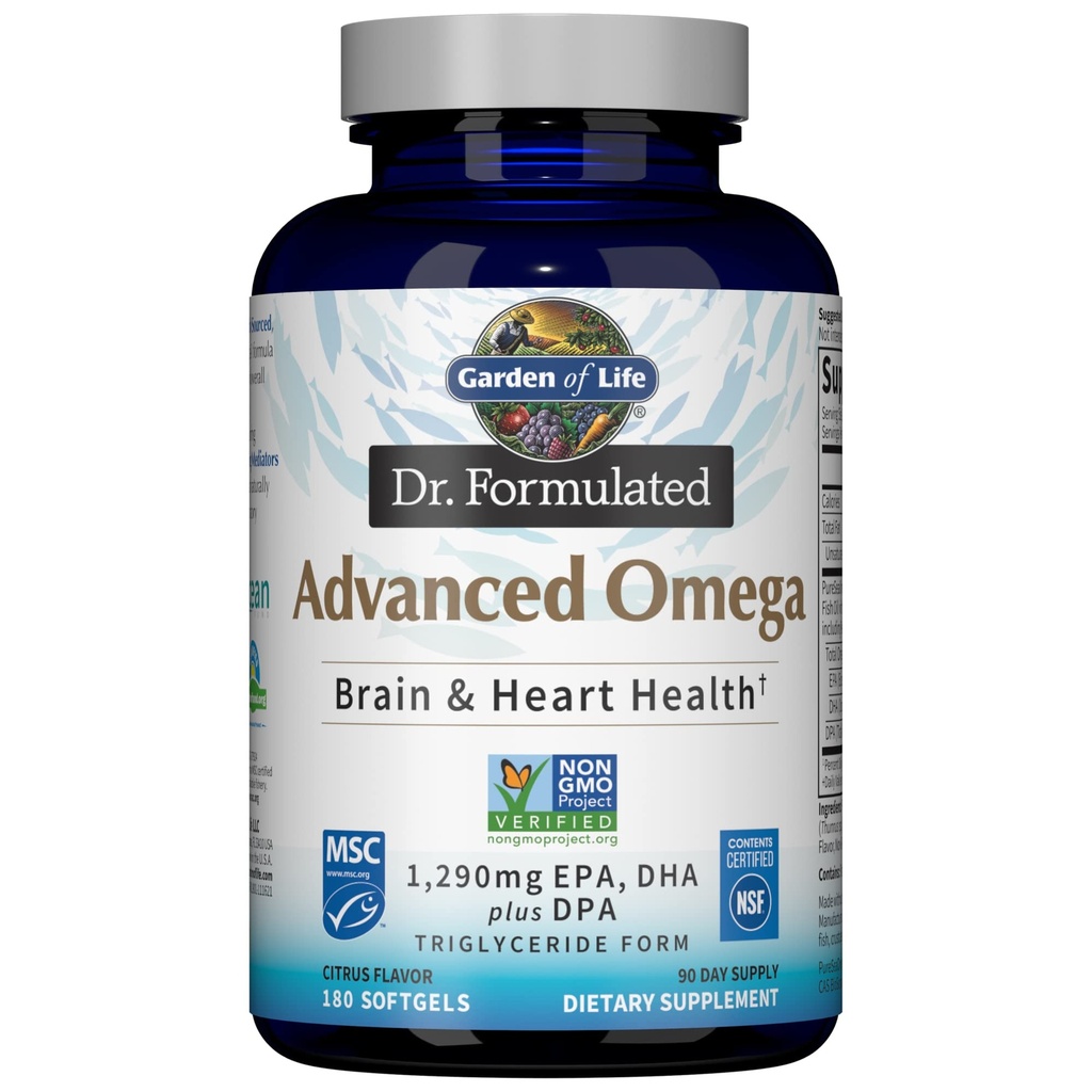 Vrt življenja Dr. Formulirana Napredno Omega ribje olje - Lemon, 1.290mg EPA, DHA + DPA v obliki triglicerida, Enotni vir Omega 3 Dopolnilo za Ultimate Brain & Heart Health, Non-GMO, 180 Softgels