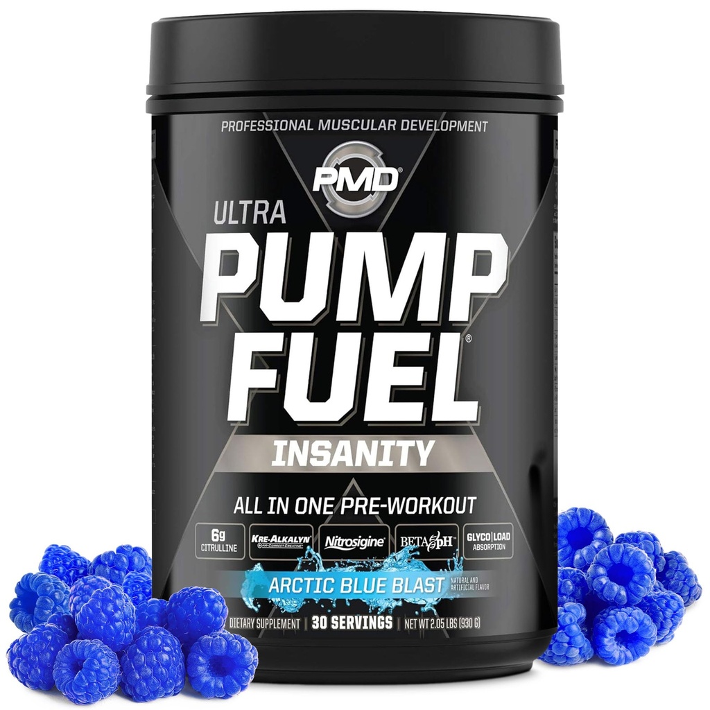 PMD športna črpalka Ultra Insanity - Premium Preworkout Powder & Muscle Pump, večji poudarek, vzdržljivost in okrevanje, Premium Kreatin, Arginin & Beta Alanine - Arktična modra Blast (30 strežnikov)