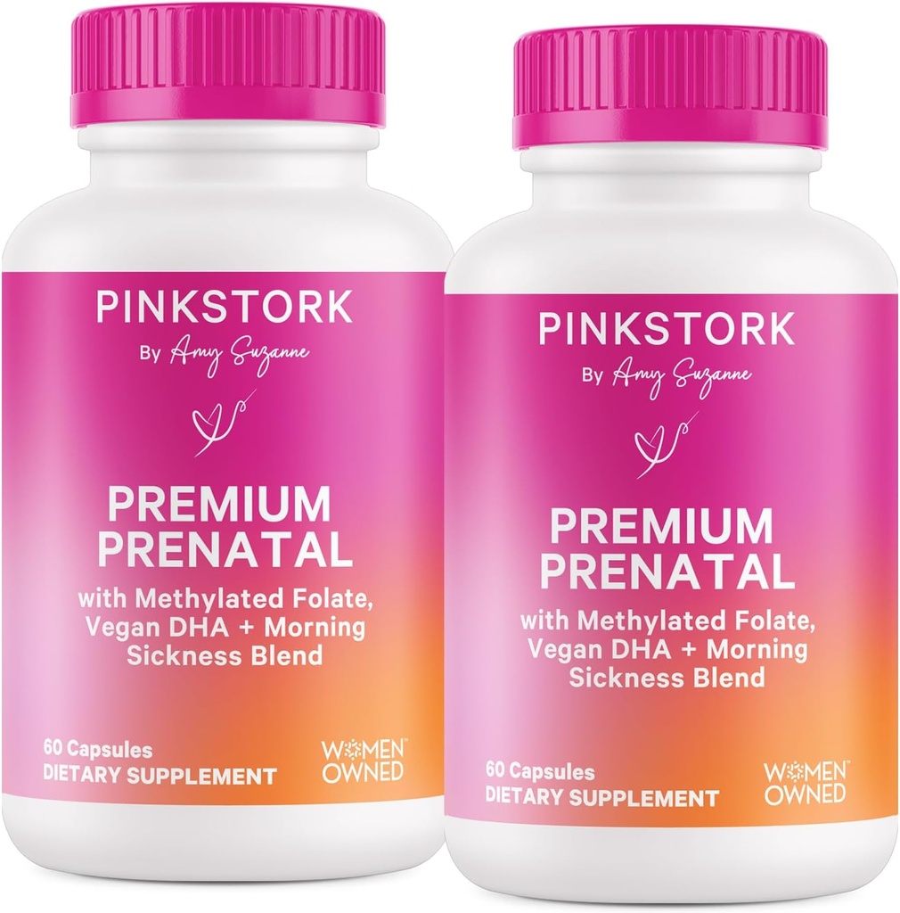 Pink Stork Premium Prenatal Vitamin za ženske - Multivitaminski in probiotični - jutranja bolezen, prebava, & energija - Folat, B6, & železo - 60 kapsul - 2 pakiranji