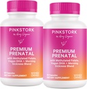 Pink Stork Premium Prenatal Vitamin za ženske - Multivitaminski in probiotični - jutranja bolezen, prebava, & energija - Folat, B6, & železo - 60 kapsul - 2 pakiranji