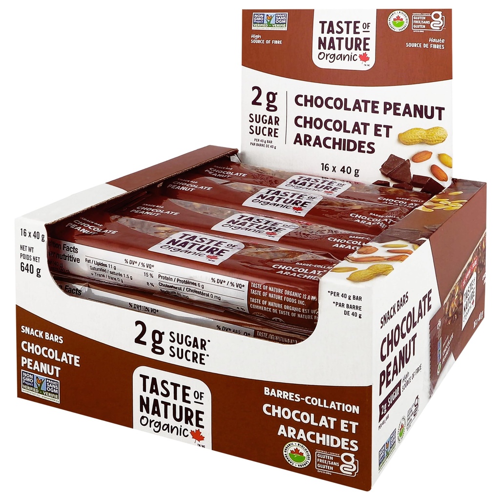 Okus narave - Organski 2g sladkor čokoladni arašidi - Nizki sladkor Prigrizek in zajtrk Bar, Visoka Fiber Energy Bar - 16 Count Prigrizek Pack