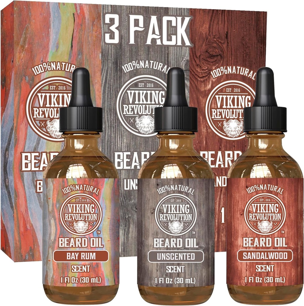 Viking Revolution Beard Oil za moške 3 Pack - Naravni moški Beard Oil Variety Set 2 - Sandalwood, Neoporečni in Bay Rum Scents - Beard conditioning in vlaženje za zdravo brado (3 Pack, 1oz)