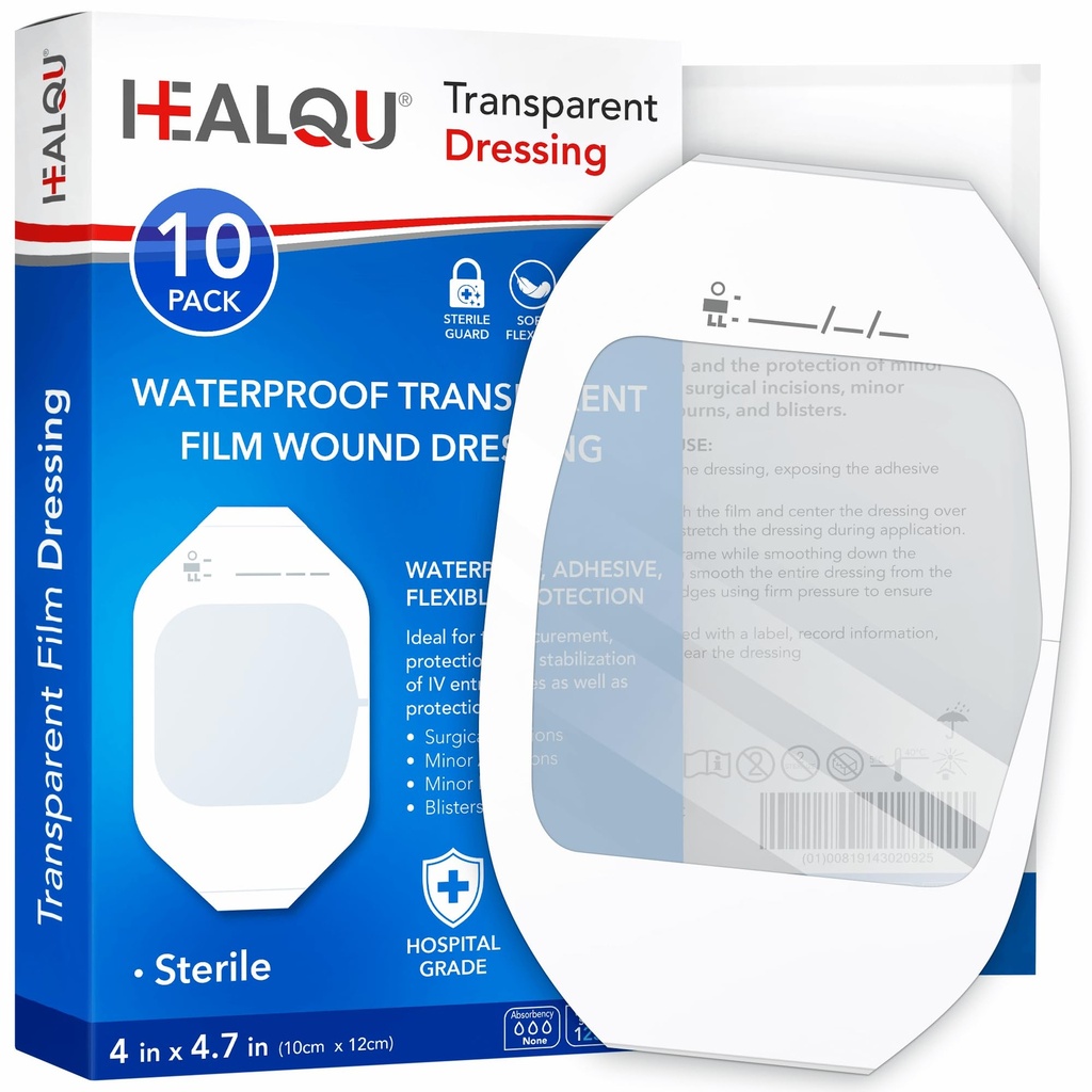 Transparentni film Oblačenje 4" x 4.75" (10 Pack) - Vodoodporni adhezivni Rane Bandages za post-kirurški tuš, IV Shield, Tattoo Aftercare, Jasno dihanje obleko obliži s HEALQU