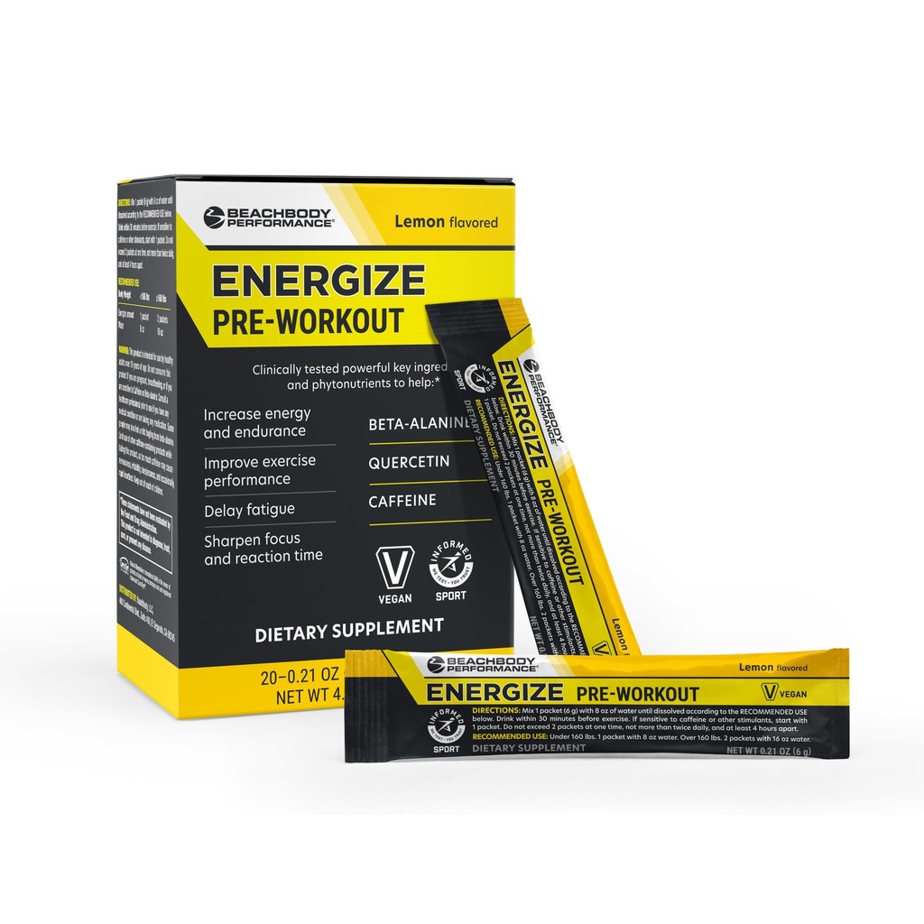 BODi Energize Pre Workout Powder - Beta-Alanin, Quercetin & nizko-dose Caffeine Formula za izboljšano energijo in fokus, povečanje energije in vzdržljivost dopolnila, limona arome, 20 palice