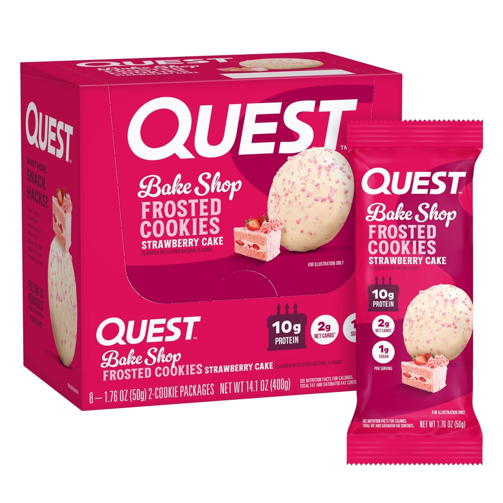 Quest Nutrition Zamrznjeni piškotki Twin Pack, Jagodna torta, 1g sladkor, 10g beljakovine, 2g neto ogljikovi hidrati, brez glutena, 16 Piškotki