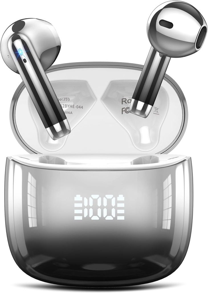 Brezžične slušalke, slušalke Bluetooth 48H igralne slušalke z LED zaslonom moči, IPX7 vodoodporni Bluetooth 5.4 Slušalke in-Earbuds s 4 mikrofoni za Android iOS prenosnik mobilnega telefona, črna