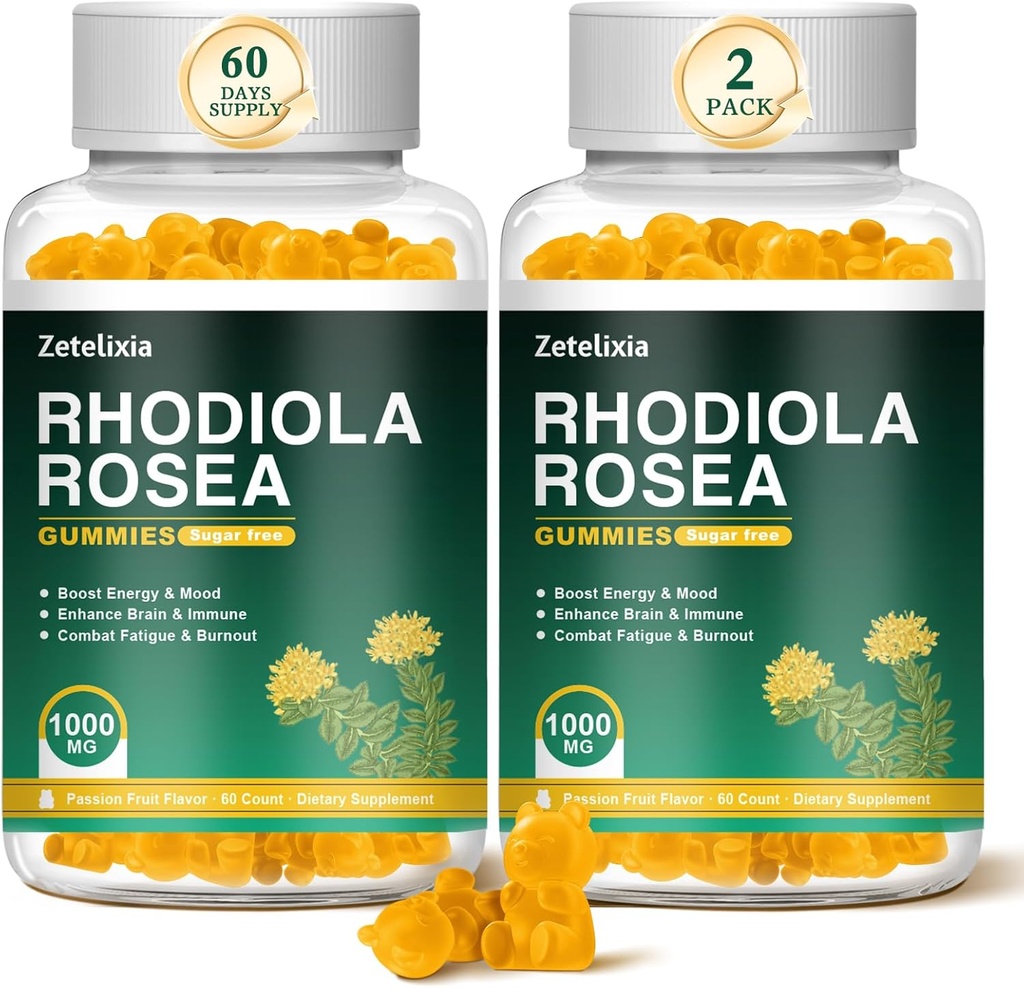 2 Pack Sugar-free Rhodiola Rosea Gummies 1000mg, Rhodiola Rosea dodatek za ženske in moške, Podpora vzdržljivost, Mood & Energy, Non-GMO, Vegan, 120 Število