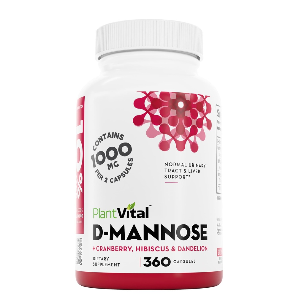 Plantvital D Manose Kapsule z brusnico - D-mannoza 1000 mg Kapsule - Visoka jakost za Bladder, Ledvice in Sečni trakt Podpora. Brusnični prah s Hibiscusom in Dandelionom. 6 mesecev dobave