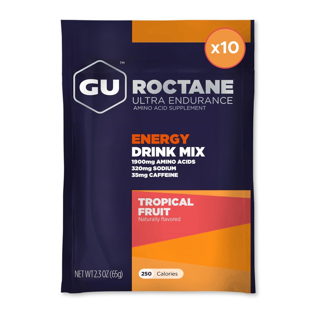 GU Energy Roctane Ultra Endurance Energy Drink Mix, Vegan, Gluten-free, Kosher, 35mg kofeina, in Dairy-free n-the-Go Energija za vse vadbe, 10 Enostranski paketi, tropskega sadja