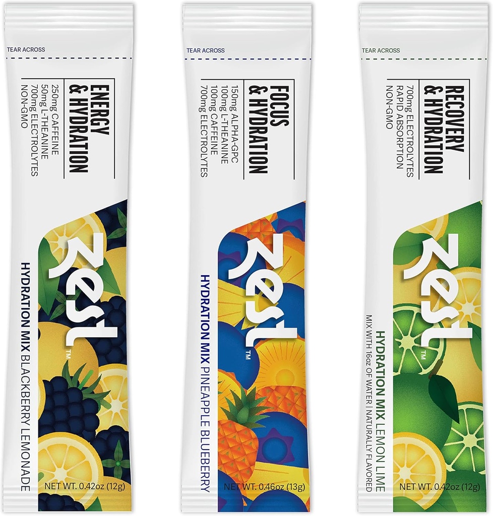Zest Hydration Electrolyte Powder - Variety Pack - Mix w/Water - 6 potovalnih paketov - Nizki dodatek sladkorja - Recovery, Energy, & Focus Drink - IV Stebri tekočinske rehidracije, vključno s soljo in kalijem