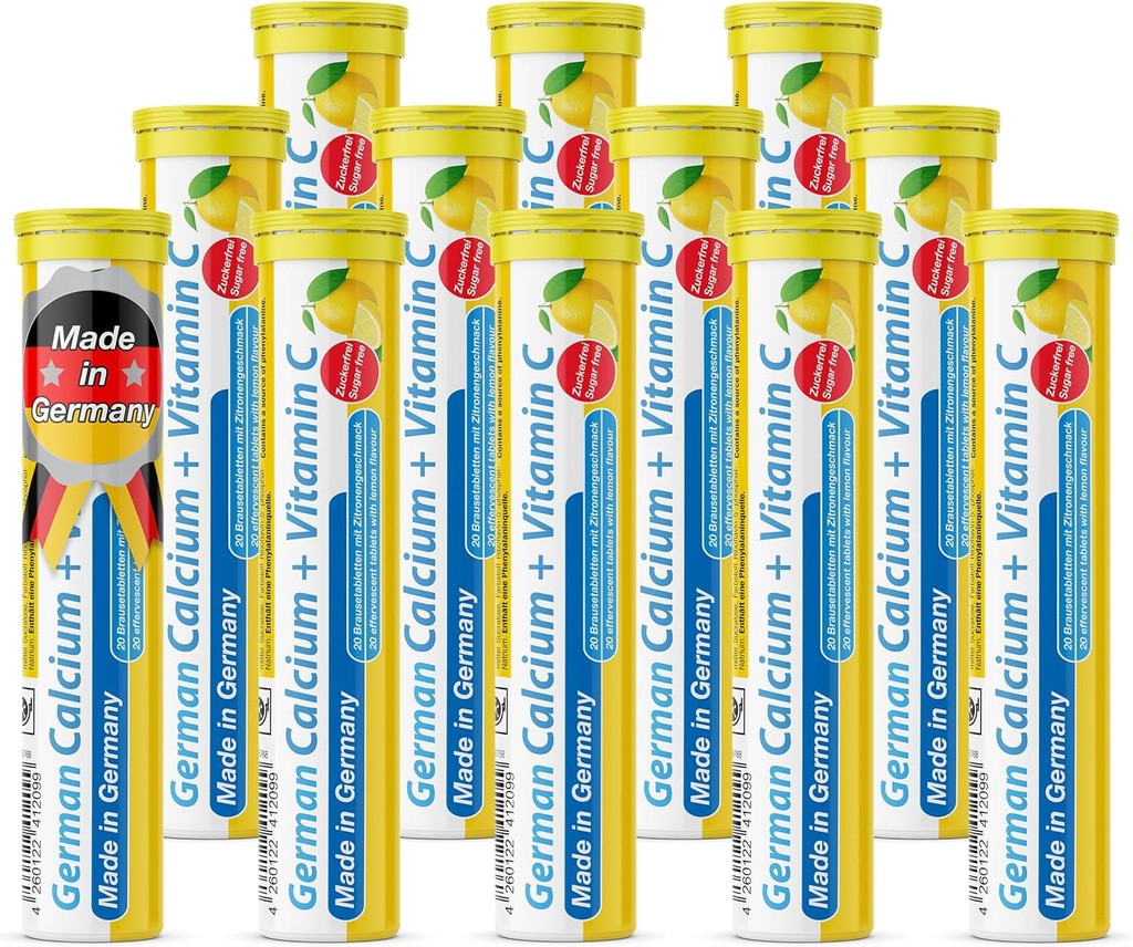Nemška kalcij + VIT. C - 240 Veganska pijača šumeče tablete - limonina limonina aroma - Izdelana v Nemčiji