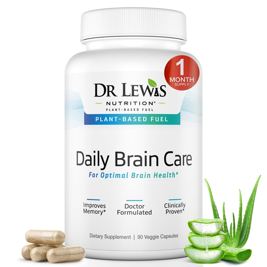 Možganski dodatki za spomin in fokus – Dr. Lewis Daily Brain Care Kapsule z Aloe Vera – Rastlinsko osnovani nootropični in energijski dodatek za možgane Meglica, Duševna jasnost in Imunska podpora – 90 kapsul