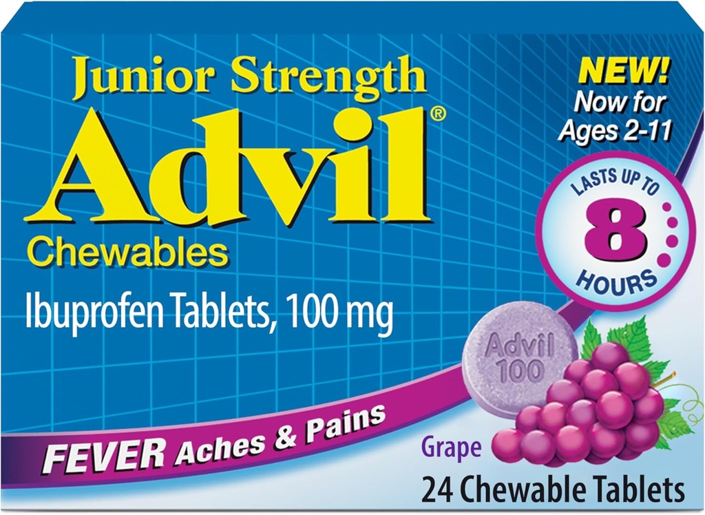 Advil Junior Jakost žvečljiva ibuprofen bolečina Reliever in znižanje zvišane telesne temperature, otroški ibuprofen za lajšanje bolečine, grozdje - 24 tablet