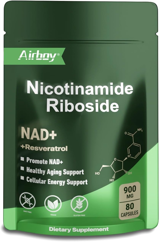 Airboy NAD dodatek z nikotinamidom Riboside Resveratrol & Quercetin 900 mg, NMNH alternativa za moške in ženske podporo proti staranju, energije, fokus - 80 kapsul