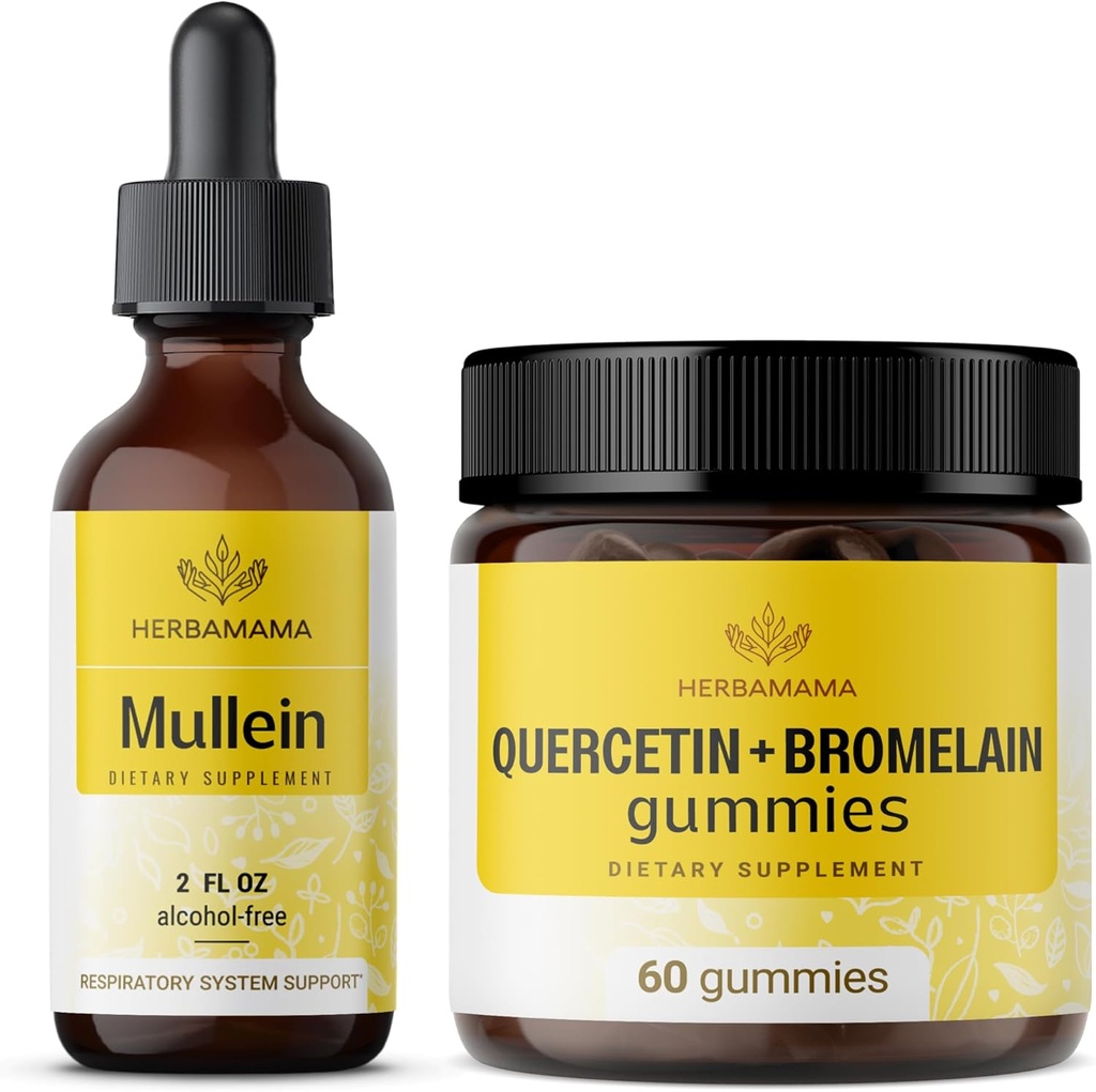HERBAMA Mullein Leaf Extract in Quercetin Gummies Kit - paket Mullein Leaf kapljice 2 fl oz in 800 mg Quercetin z Bromelain Gummies - Vegan, Non-GMO, Alkohol brez - 2 Pack