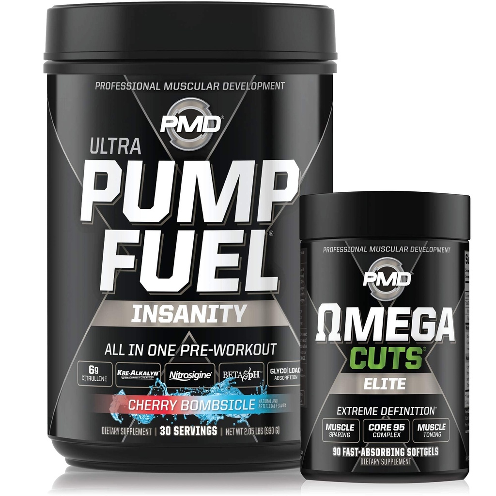 PMD Sports Ultra Pump Fuel Insanity - Pre Workout - Cherry Bombsicle (30 strežb) Sports Omega cuts Elite Termogene Fat Burner (90 Softgels)
