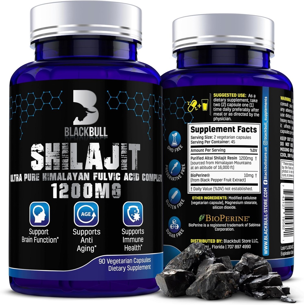 Blackbull Shilajit Čiste himalajske organske kapsule - naravni Shilajit Resin Organski z 20% Fulvična kislina dodatek, zdravje možganov, staranje imunske podpore - Čisti himalajski Shilajit