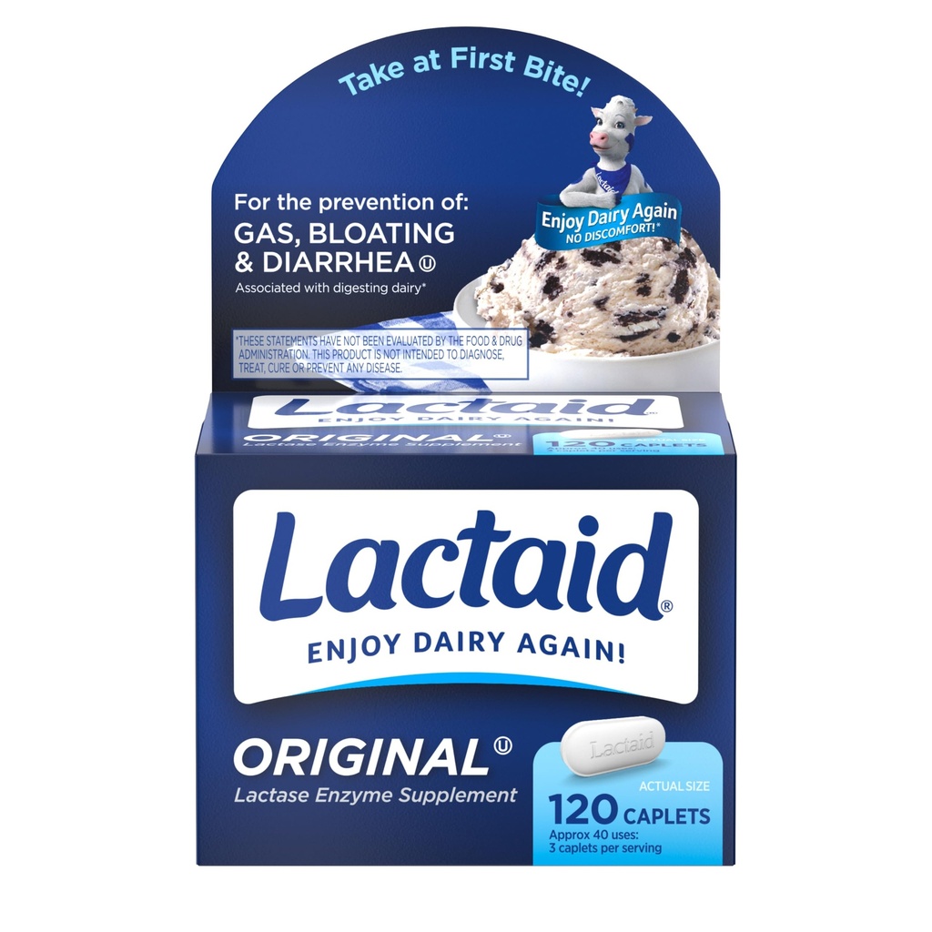 Laktaid Original Jakost Laktoza Intolerance tablete, 9000 FCC Naravna laktaza Enzyme Mlekarna Relief Caplets, pomaga preprečiti plin, napenjanje in driska zaradi laktoza občutljivost pri odraslih in otrocih, 120 število