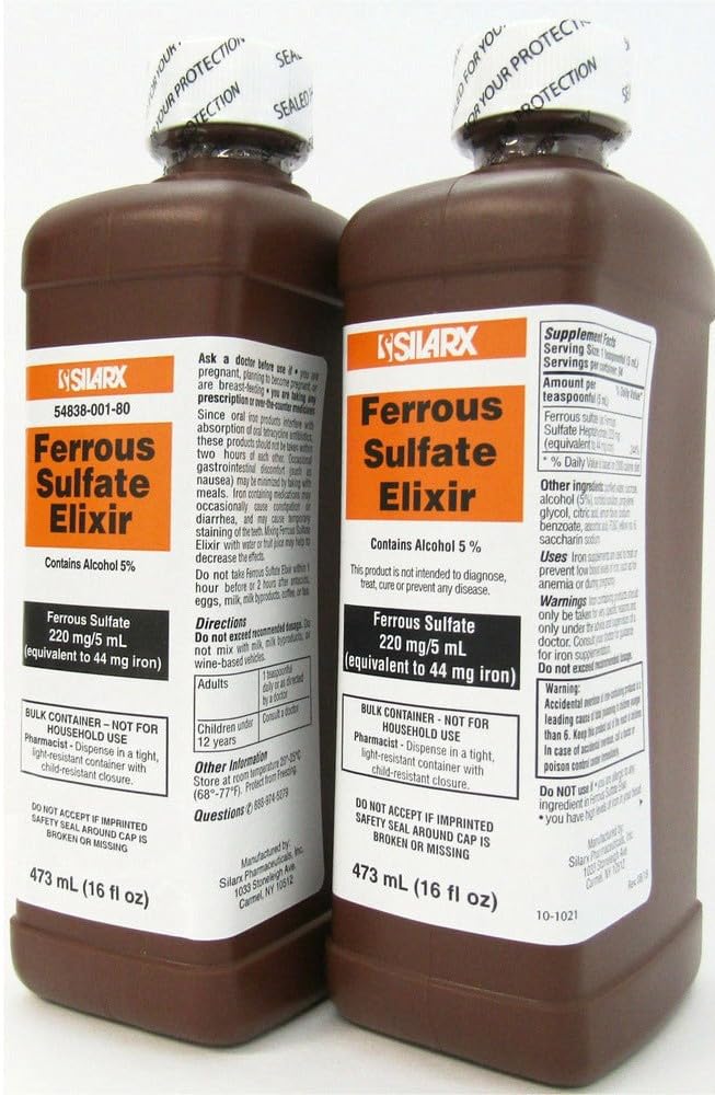 Steklenička iz železovega sulfata Eliksir 220 mg/5mL 16oz - 2 pakiranji