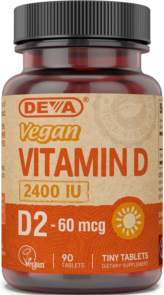 DEVA Vegan Vitamin D2 60 μg 2400 i.e., ergokalciferol dodatek brez živalskih sestavin, 90 tablet, 1-pak