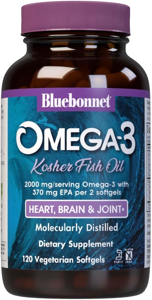Bluebonnet Nutrition Omega-3 Košir Ribje olje, Naravni Triglicerid Form, Gluten-free, Dairy-free, Kosher Certified, Non-GMO, 3. stranka testirana, Molekulsko destilirana, 120 Vegetarian Softgel, 60 Serving