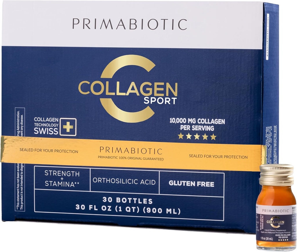 PRIMABIOTSKI Tekoči kolagen Sport - Visoka vsebnost kolagena [10.000 Mg] na serviranje - hidroliziran kolagenski napitek in 12 vitaminov Ortozilična kislina 