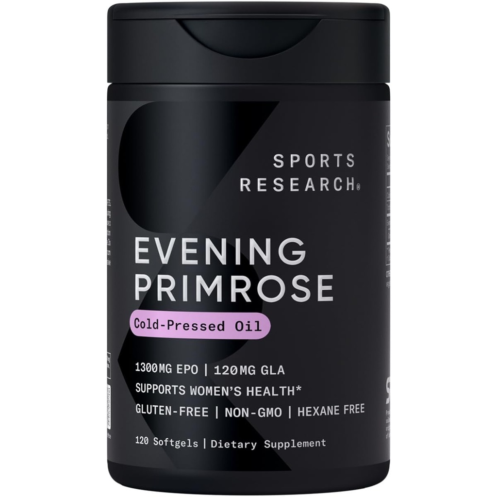 Sports Research® Evening Primrose Oil 1300mg, 120 kapsul - 10% GLA, Cold-Presed, Gluten & Soy Free