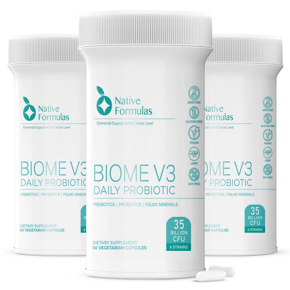Native Formulas Biome V3 Probiotic, Prebiotic, & Fulvic Minerals dopolnila - 35 milijard CFU - 6 sevi - 180 veganskih kapsul - ženske in moški - FODMAP prijazno podpira prebavne, imuno in črevesno zdravje
