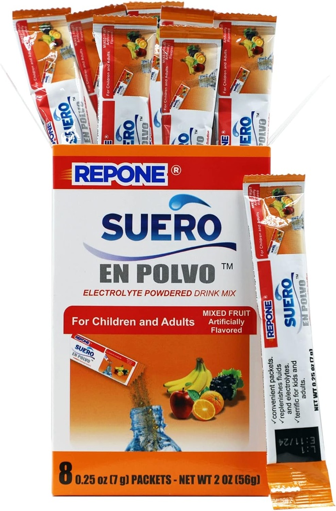 REPONE SUERO Electrolyte Prašek raztopina sadne arome, 8 Oz Packets, 1 Škatla z 8 paketi.