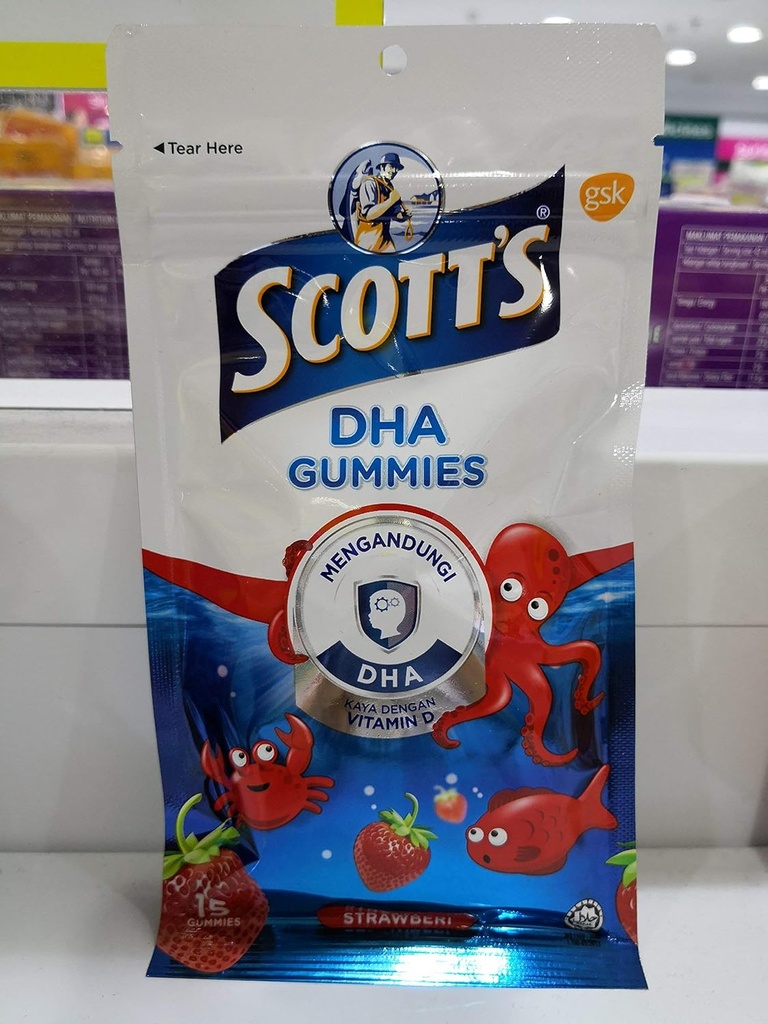 Scott's DHA Gumies, Strawberry Flavour, 15s,Vitamin D,Essential za zdravo rast in razvoj pri otrocih in zdrave imunske funkcije.
