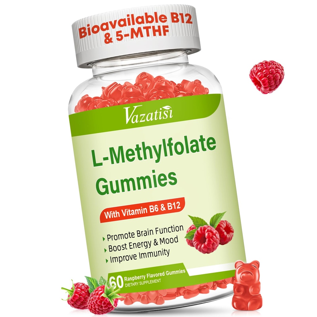 L-metilfolat 15 mg Gumies z metil B12, Folat dodatek za razpoloženje, zdravje možganov, imunske podpore, Raspberry Flavor, 60 Count