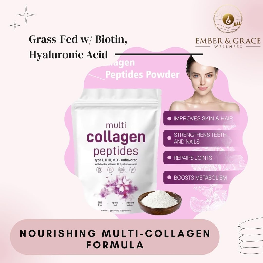 Ember & Grace Wellness Multi colagen Protein Powder– Tip I,II,III,V,X z biotinom, hialuronsko kislino, vitaminom C – nearomatizirani kolagen peptidi – Keto & Paleo prijazno, enostavno raztapljanje, ne-GMO