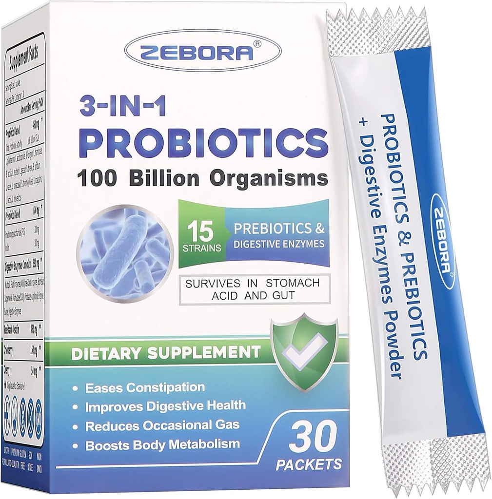 Probiotiki za ženske in moške - 100 milijard Plus Prebavni encimi in prebiotiki, Najvišja moč 3-v-1 Popolni probiotiki za digestivno zdravje, Imunska podpora