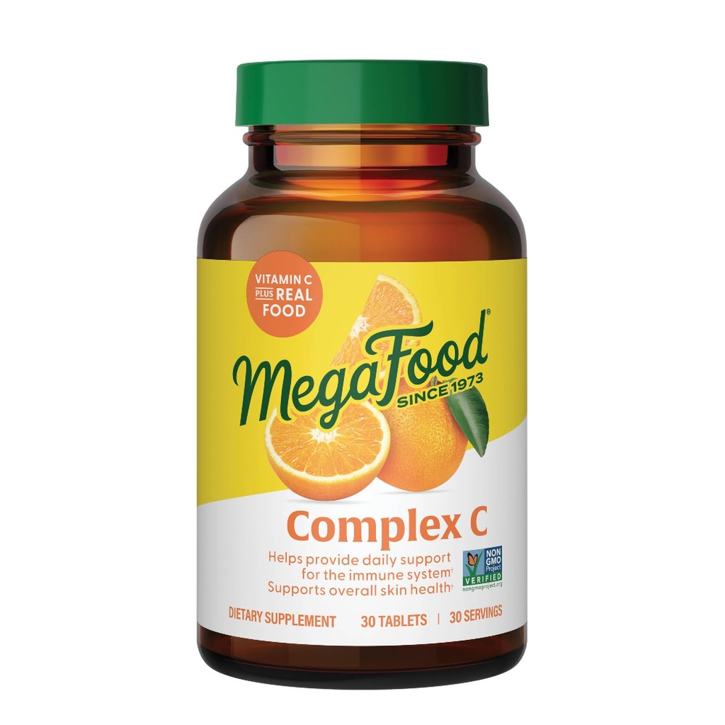 MegaFood Complex C - Veganski Imunska podpora dodatek z vitaminom C 250 mg, Made with Real Food Vključno z Orange, Cranberry & Brown Rice, Gluten-free, Kosher - 30 tablet, 30 Servings