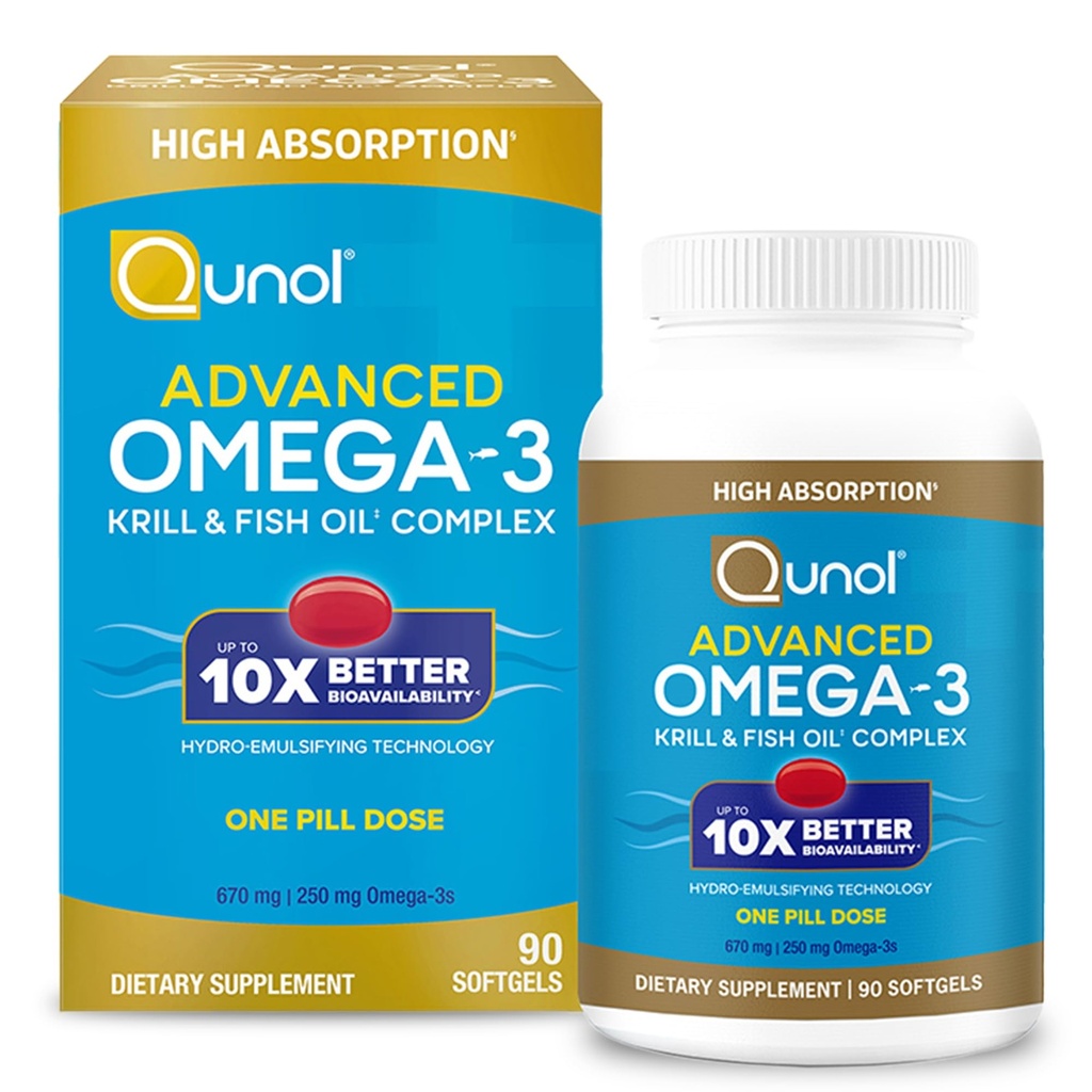Qunol Advanced Omega 3 Krill in ribje olje kompleks, 10x Boljša biorazpoložljivost, Ena tableta odmerek, 250mg EPA & DHA, Podpira možgane, oči, srce in skupno zdravje, 90 Število (Pack po 1)