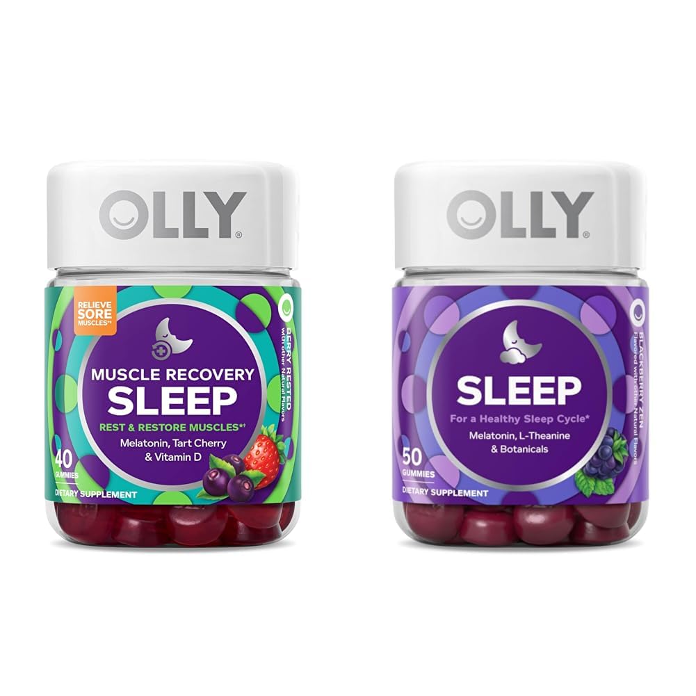 OLY Muscle Recovery Sleep Gumies with Melatonin, Tart Cherry, Vitamin D, 40 Grof Sleep Gummy z Melatonin, L-Theanine, Kamilica, 50 Grof