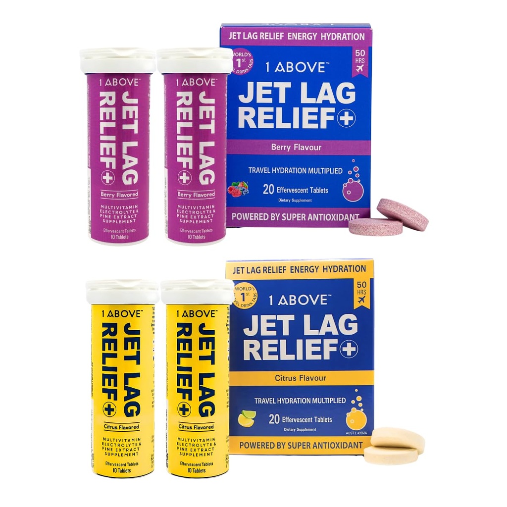 1ABOVE Jet Lag Relief Effervescent Multivitamin s Pycnogenol Travel dodatek za hidracijo, energijo, imunske podpore in hitrejše okrevanje - Flight Essential - Citrus 20 Count in Berry 20 Count