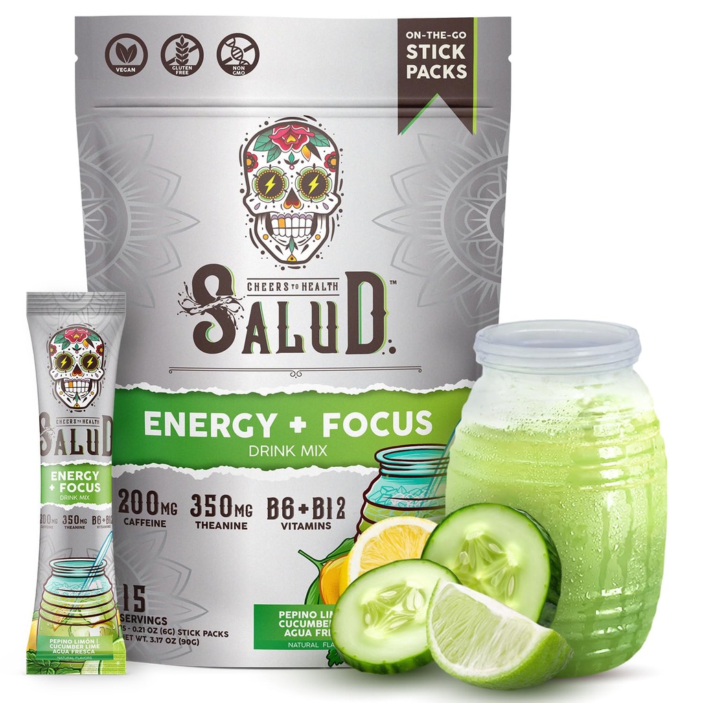 Nazdravimo 2-v-1 Energijski napitek v prahu + Fokus, Kumarovo apno, Organski kofein, B6 + B12, Teanin, Pakiranje čistega energijskega napitka, Agua Fresca Mix, Non-GMO, Gluten Free, Vegan, 1g sladkorja, (15 Strežnikov)