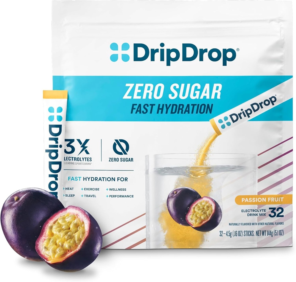 DripDrop brez sladkorja Hydration Packets - brez pasijonskega sadja - eno serviranje Elektroliti v prahu mešamo - Non-GMO, Gluten Free, Vegan - 32 palice