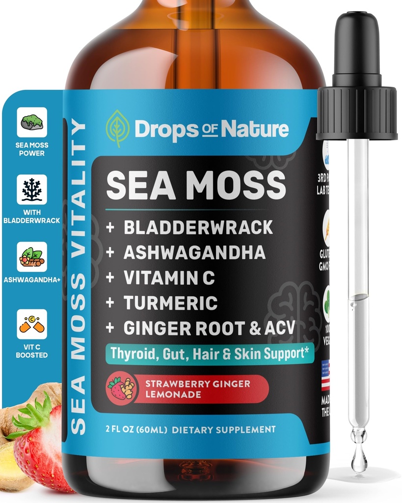 Ashwagandha & Turmeric tekoče kapljice - Vitamin C, Sea Moss, Apple Cider Vinegar, Bladderwrack - Veganske tekoče kapljice za celovito podporo Wellness & Vital Immuniteta (Strawberry Ginger Limonada, 60mL)
