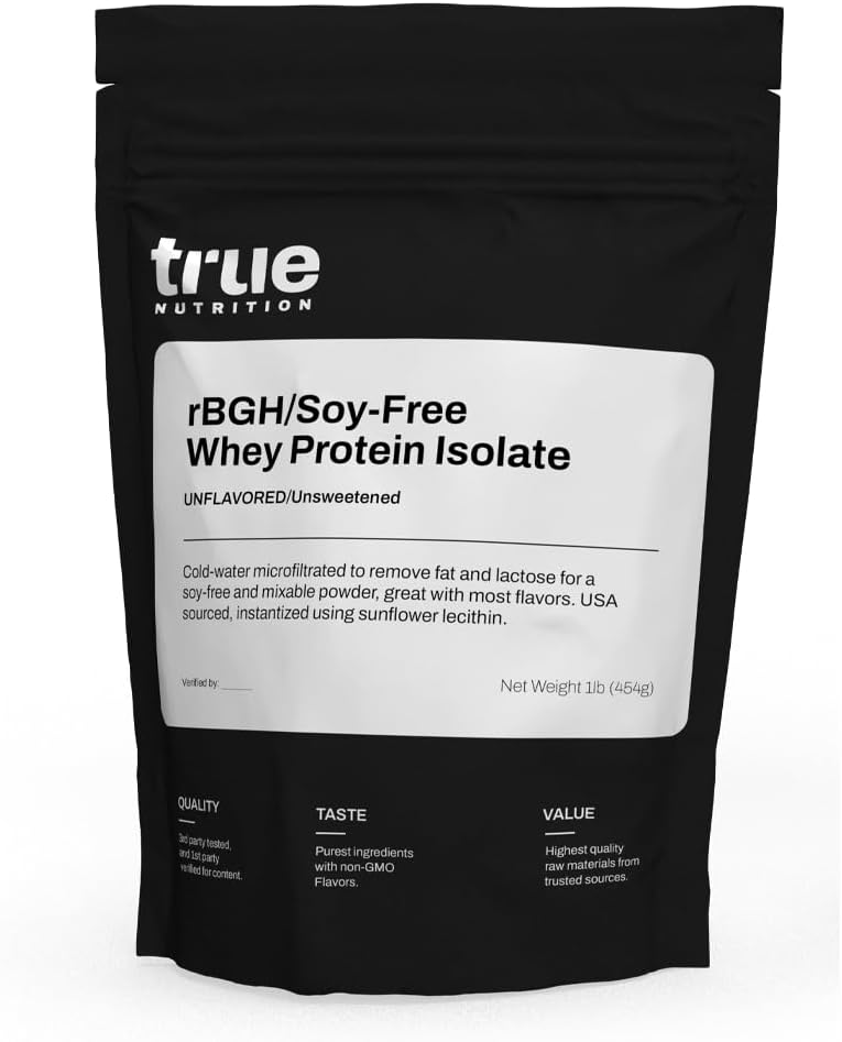 True Nutrition - rBGH/Soy Free Whey Protein Isolate [mleko] - 100% Grass Fed Whey Protein Powder with Essential Amino Acids - brez dodanih hormonov ali antibiotikov (nearoman/nesladkan, 1 lb)